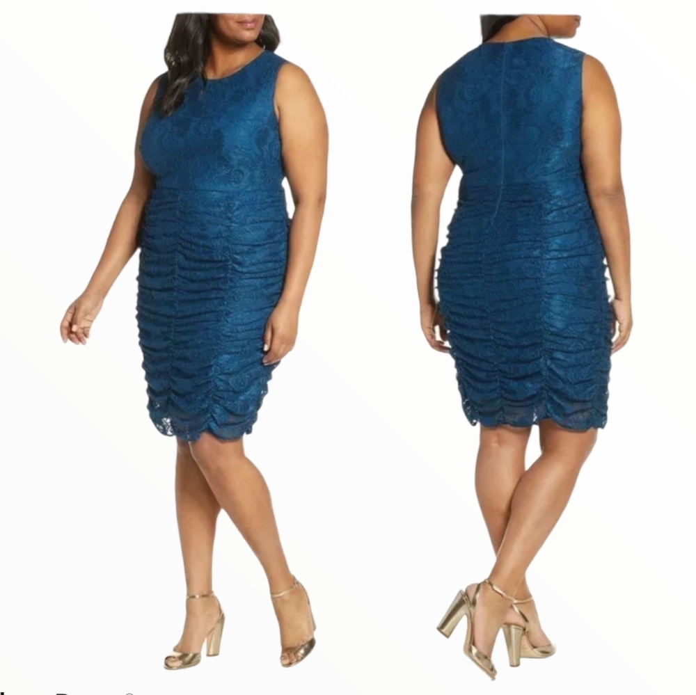 Eliza J teal ruched lace scalloped  bodycon dress